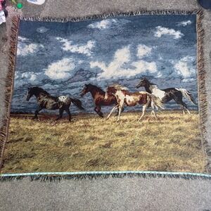 C E Cummings Running Horses Woven Tapestry Throw Blanket Western Ranch Decor